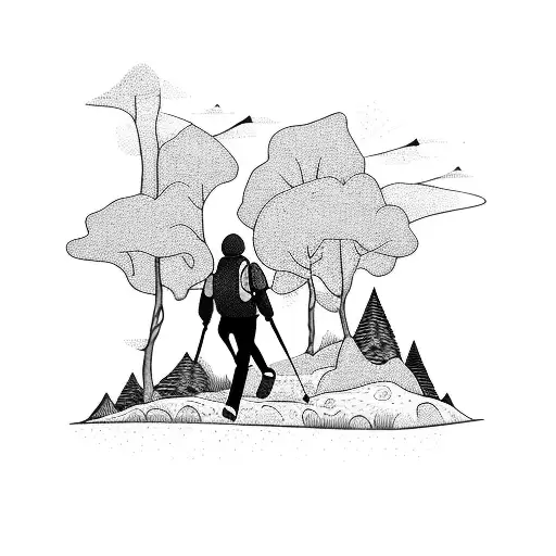 A hiker exploring a mountain path with a robotic companion tattoo design idea