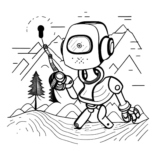 A hiker exploring a mountain path with a robotic companion tattoo design idea