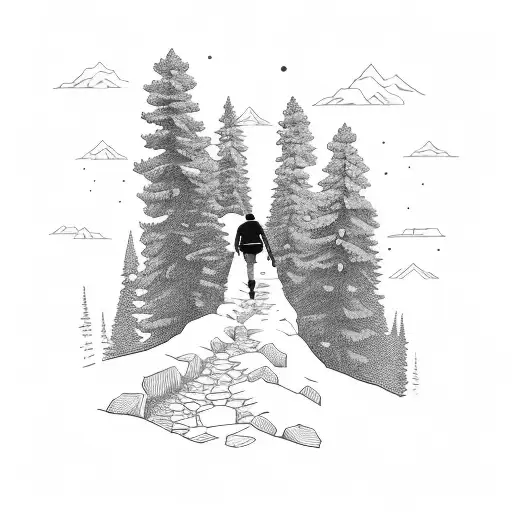 A hiker exploring a mountain path with a robotic companion tattoo design idea