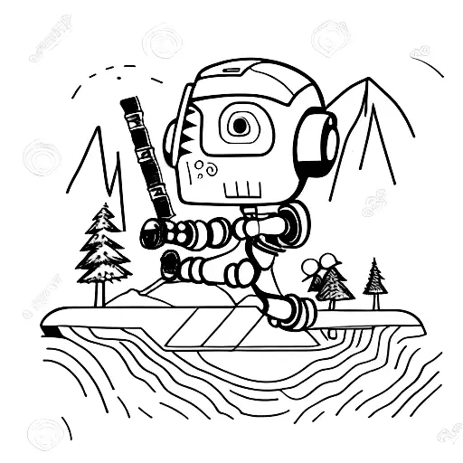 A hiker exploring a mountain path with a robotic companion tattoo design idea