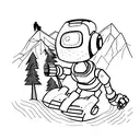 A hiker exploring a mountain path with a robotic companion tattoo design idea