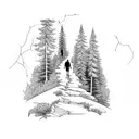 A hiker exploring a mountain path with a robotic companion tattoo design idea