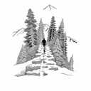 A hiker exploring a mountain path with a robotic companion tattoo design idea