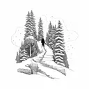 A hiker exploring a mountain path with a robotic companion tattoo design idea