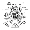 A hiker exploring a mountain path with a robotic companion tattoo design idea