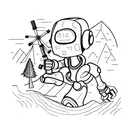 A hiker exploring a mountain path with a robotic companion tattoo design idea