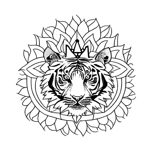 half woman half tiger with crown, sunflower, food, lotus, unalome tattoo design idea