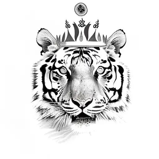 half woman half tiger with crown, sunflower, food, lotus, unalome tattoo design idea