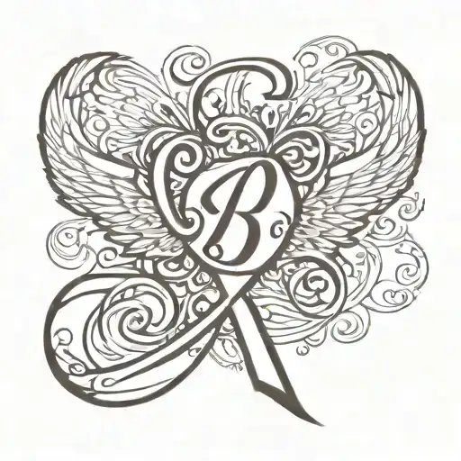 letter B with angel wings and infinity symbol at the bottom tattoo design idea