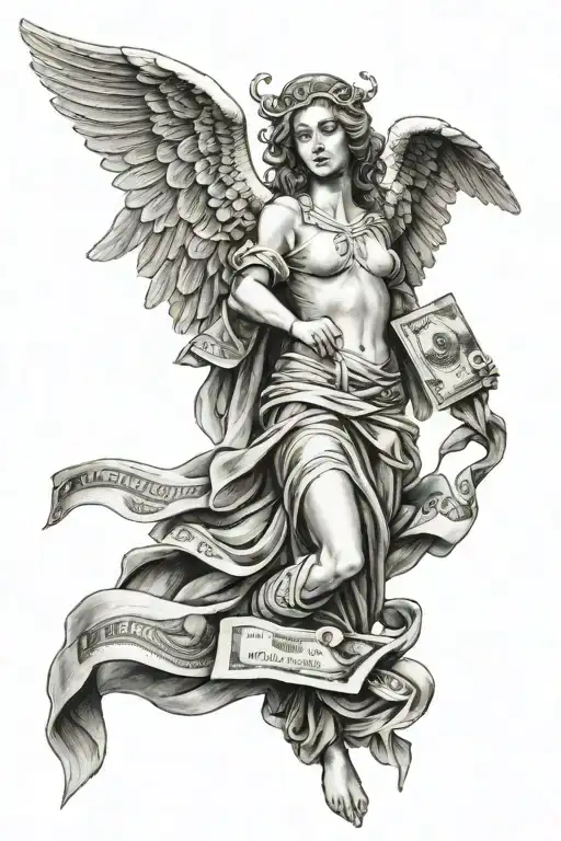 angel holding hundred dollar bill tattoo design idea