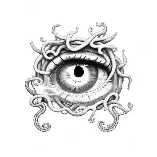 medusa thigh tattoo, white eyes, gothic style, detailed tattoo design idea