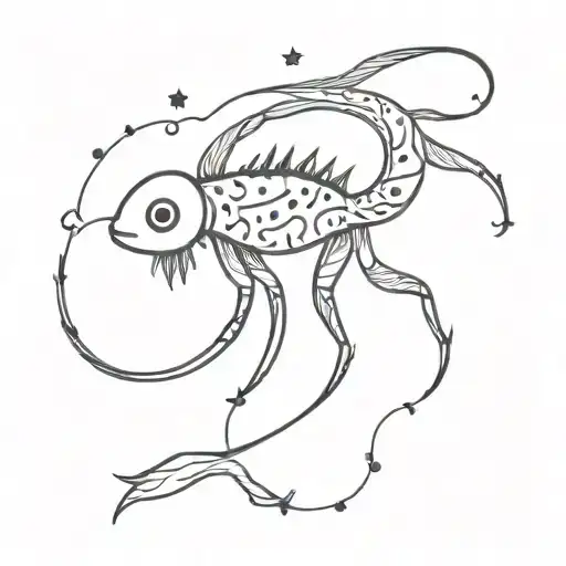 fish cancer zodiac, rainbow coloured Scorpio constellation inbetween tattoo design idea