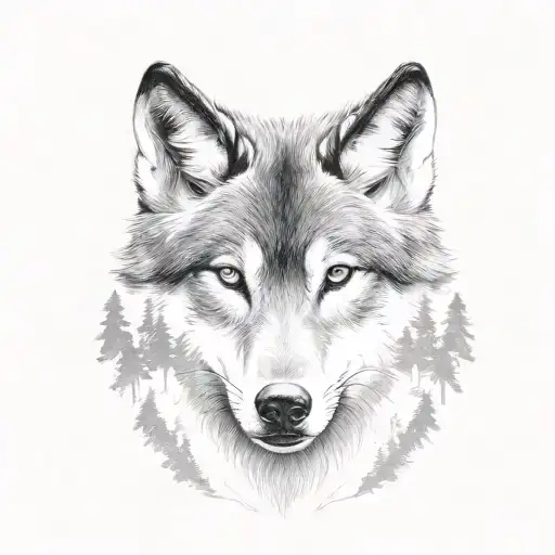 wolf and baby wolf, with forest negative space  tattoo design idea