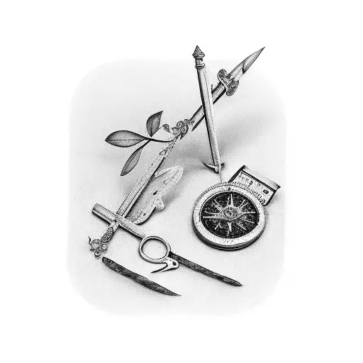 Rustic vintage justice scales on floor, a quill and scroll, a compass, Olive Branch tattoo design idea