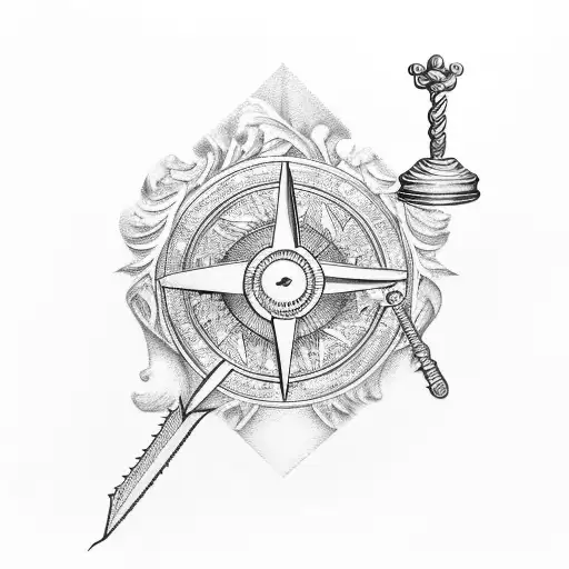 justice scales on floor, knots, a quill and scroll, a compass, an Oak Tree and Olive Branch tattoo design idea