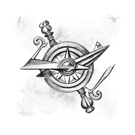 Rustic vintage justice scales on floor, a quill and scroll, a compass, Olive Branch tattoo design idea