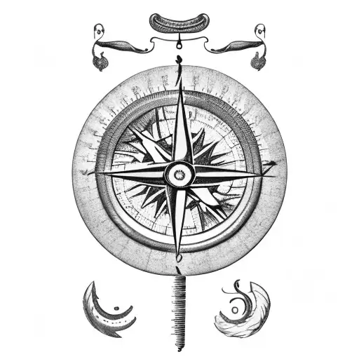 Rustic vintage justice scales on floor, knots, a quill and scroll, a compass, an Oak Tree and Olive Branch tattoo design idea
