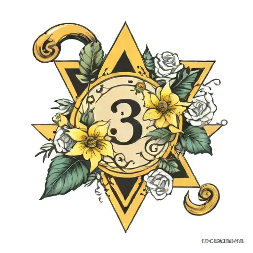the number 3, Jupiter, a triangle, the color yellow, air and flowers tattoo design idea
