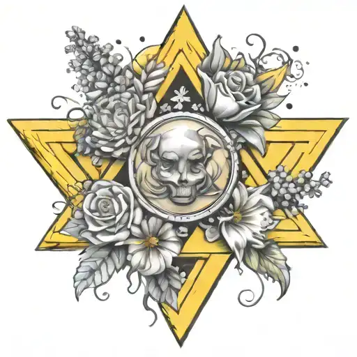 number 3, Jupiter, triangle, yellow, air and flowers tattoo design idea