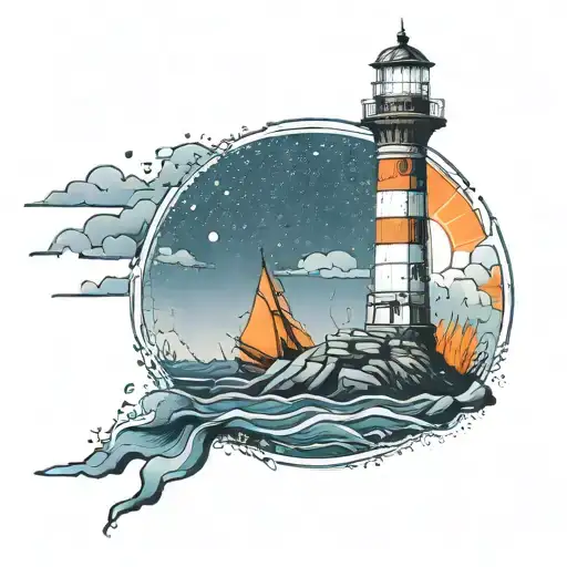 Lighthouse near ocean, in blue and orange, squared around in Porto mosaic style tattoo design idea