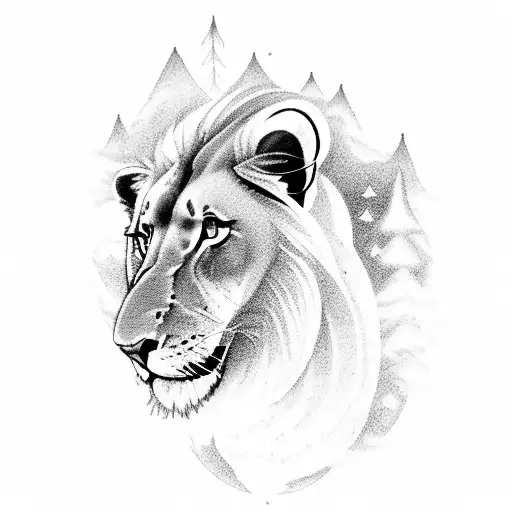 A majestic lion leaping over a mountain range with the northern lights illuminating the sky tattoo design idea