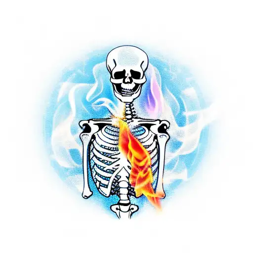 skeleton with stopwatch and fire colorized   tattoo design idea