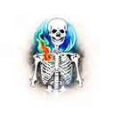 skeleton with stopwatch and fire colorized   tattoo design idea