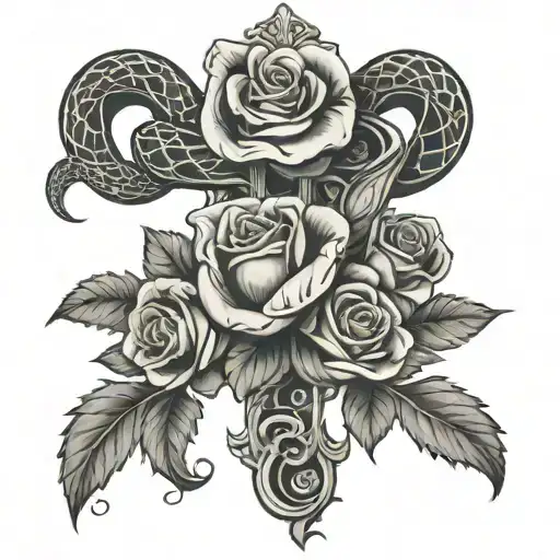 religious cross with a snake and rose growing tattoo design idea