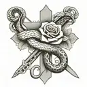 religious cross with a snake and rose tattoo design idea