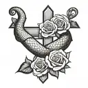 religious cross with a snake and rose tattoo design idea