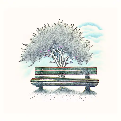 a lonely weeping birch tree, a bench under it, and a cat sits on the bench tattoo design idea