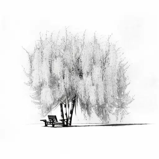 a lonely weeping birch tree a bench under it tattoo design idea
