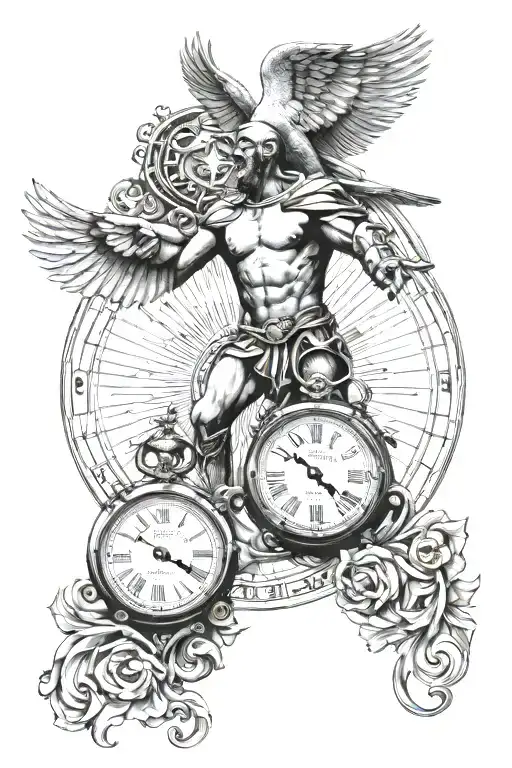 birth clocks with dove and gladiator standing triumphantly tattoo design idea