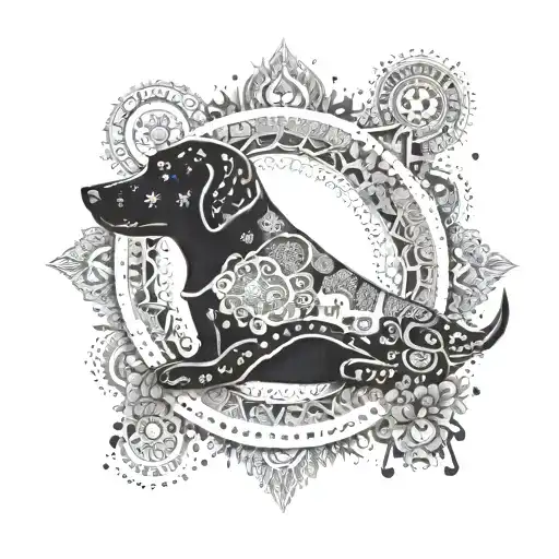An intricate mandala design incorporating musical instruments and Labrador dog silhouettes tattoo design idea