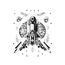 A pixelated spaceship exploring a black and white galaxy tattoo design idea