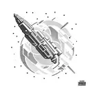 A pixelated spaceship exploring a black and white galaxy tattoo design idea