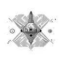 A pixelated spaceship exploring a black and white galaxy tattoo design idea