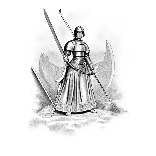 Joan of the arc with sword infront of her with Roman solider standing by her side with his sword drawn up  tattoo design idea