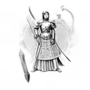 Joan of the arc with sword infront of her with Roman solider standing by her side with his sword drawn up  tattoo design idea