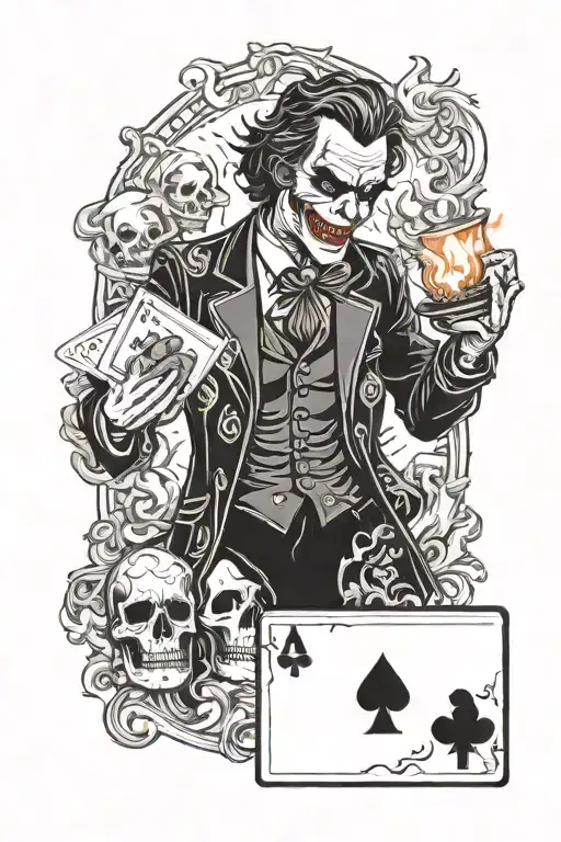 joker playing card. one of each suit cards in one hand and flaming skull lantern in the other hand tattoo design idea