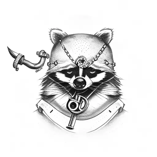 pirate raccoon with eye patch holding a mechanics  wrench and anchor chain tattoo design idea
