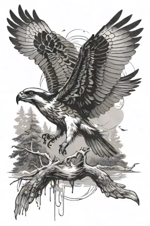 osprey catching a small trout from the water in the forest tattoo design idea
