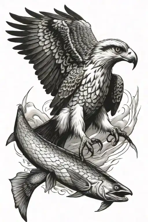 osprey bird of prey catching an arctic grayling fish canoe tattoo design idea