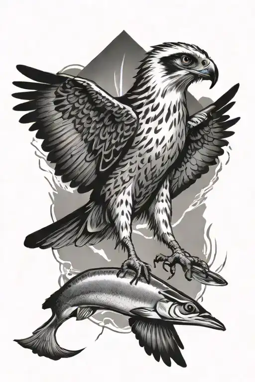 osprey bird of prey catching a small arctic grayling fish tattoo design idea