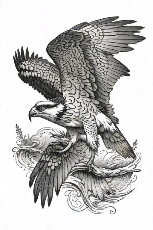 osprey bird of prey flying and catching a small arctic grayling fish from the river tattoo design idea