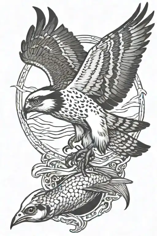 osprey bird of prey catching a small arctic grayling fish tattoo design idea
