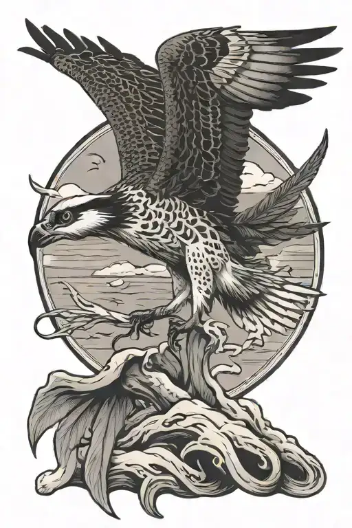 osprey bird of prey catching a small arctic grayling fish tattoo design idea
