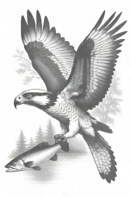 an osprey flying and holding a small trout near the river in the forest tattoo design idea