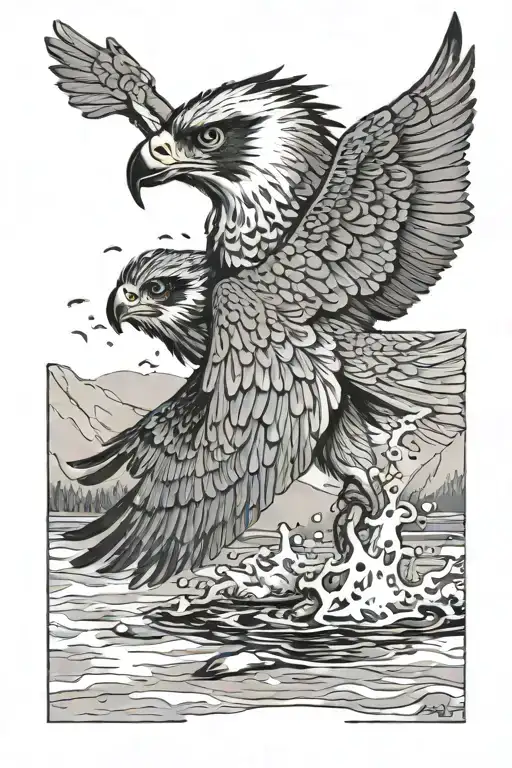 osprey bird of prey flying and catching a small arctic grayling fish from the river tattoo design idea