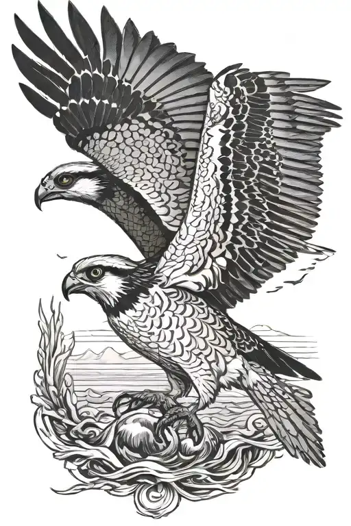 osprey bird of prey flying and catching a small arctic grayling fish in its talons tattoo design idea